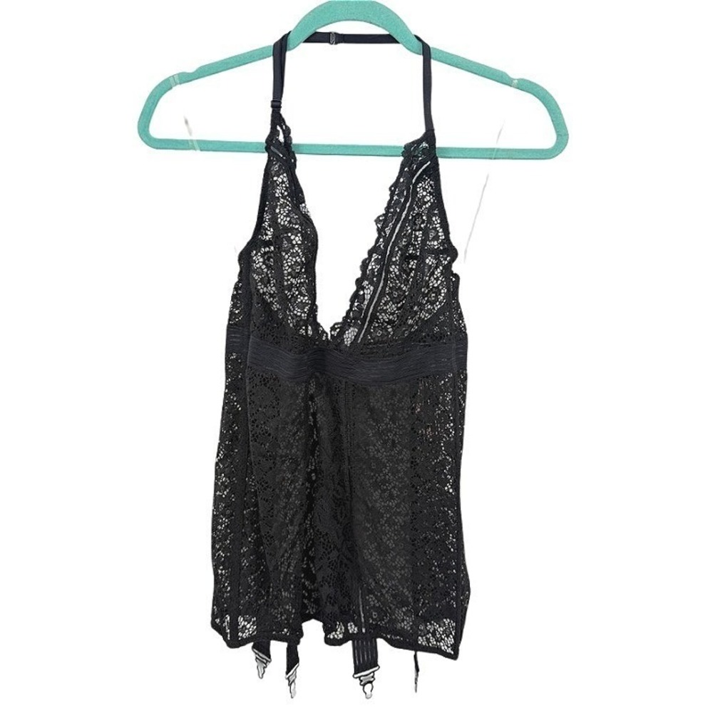 Victorias Secret NWT Lace Garter Chemise Black Halter Lingerie Slip Size‎ MD
